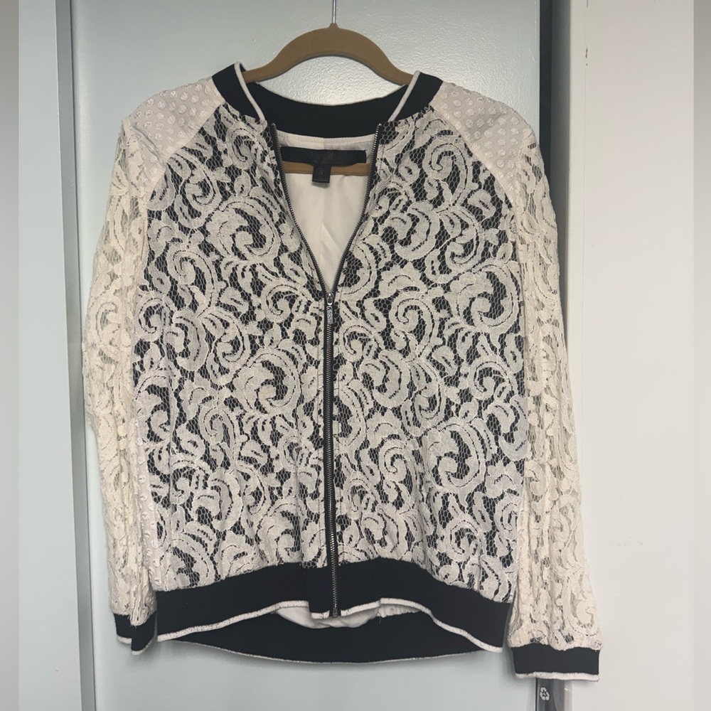 Kensie White Lace Bomber Jacket with Black Trim